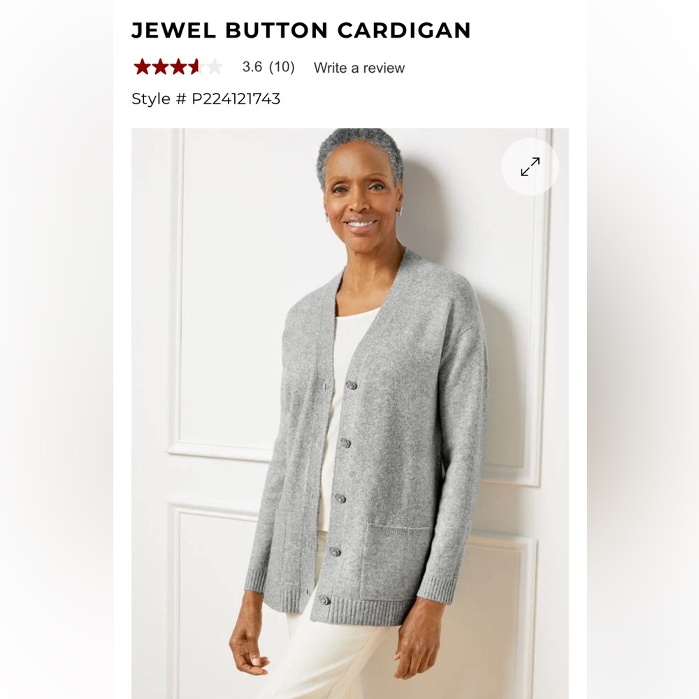 Talbots v-neck gray silver metallic rhinestone button long cardigan Sz L